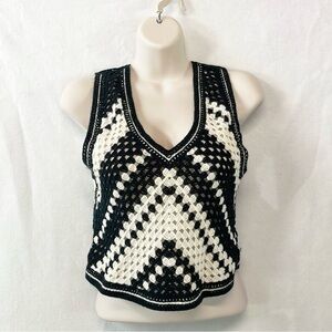 Rebellion Again Crochet Knitted Vest Ivory Black‎ Cropped Women XS Cottagecore